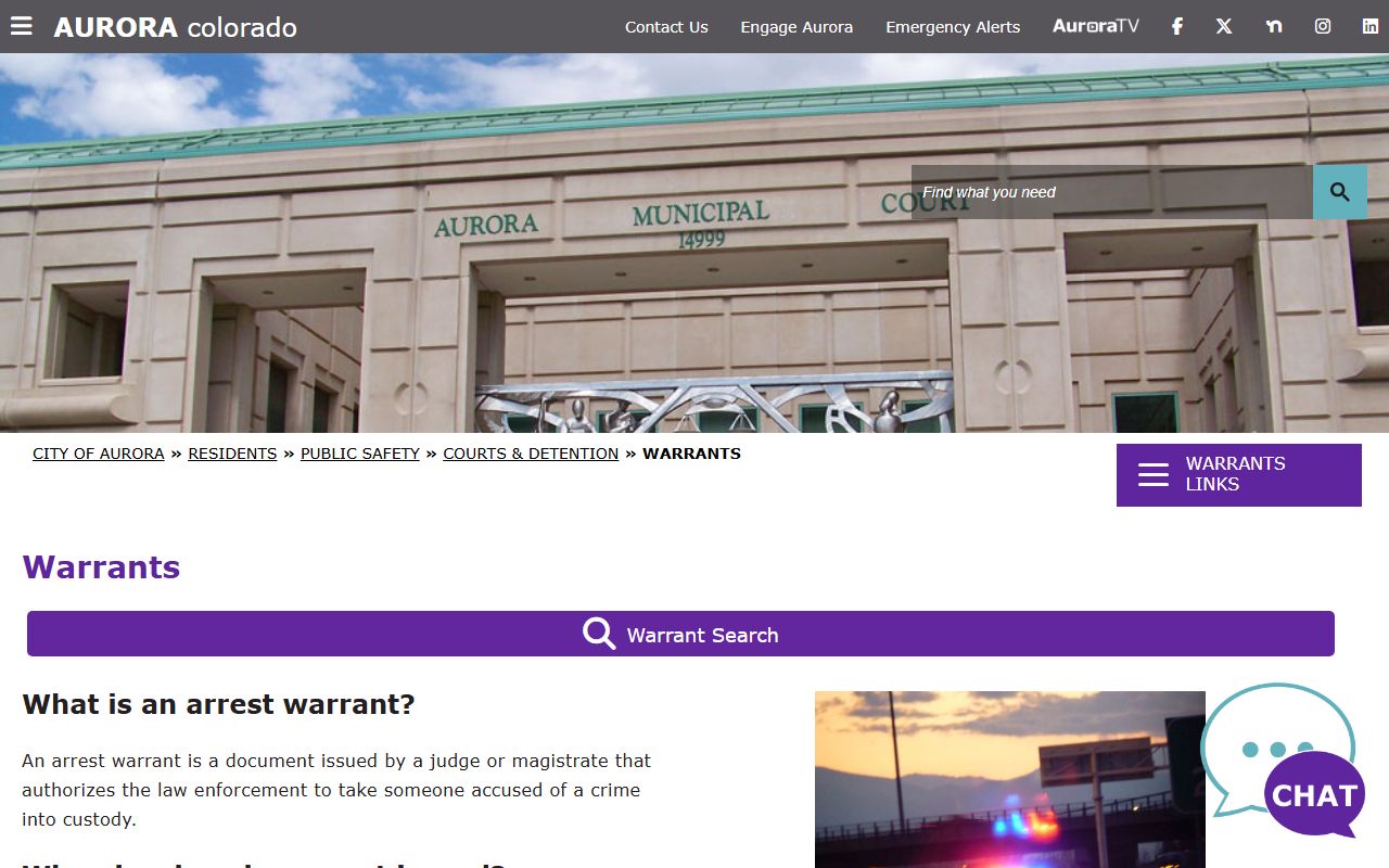 Aurora Municipal Court warrant information page