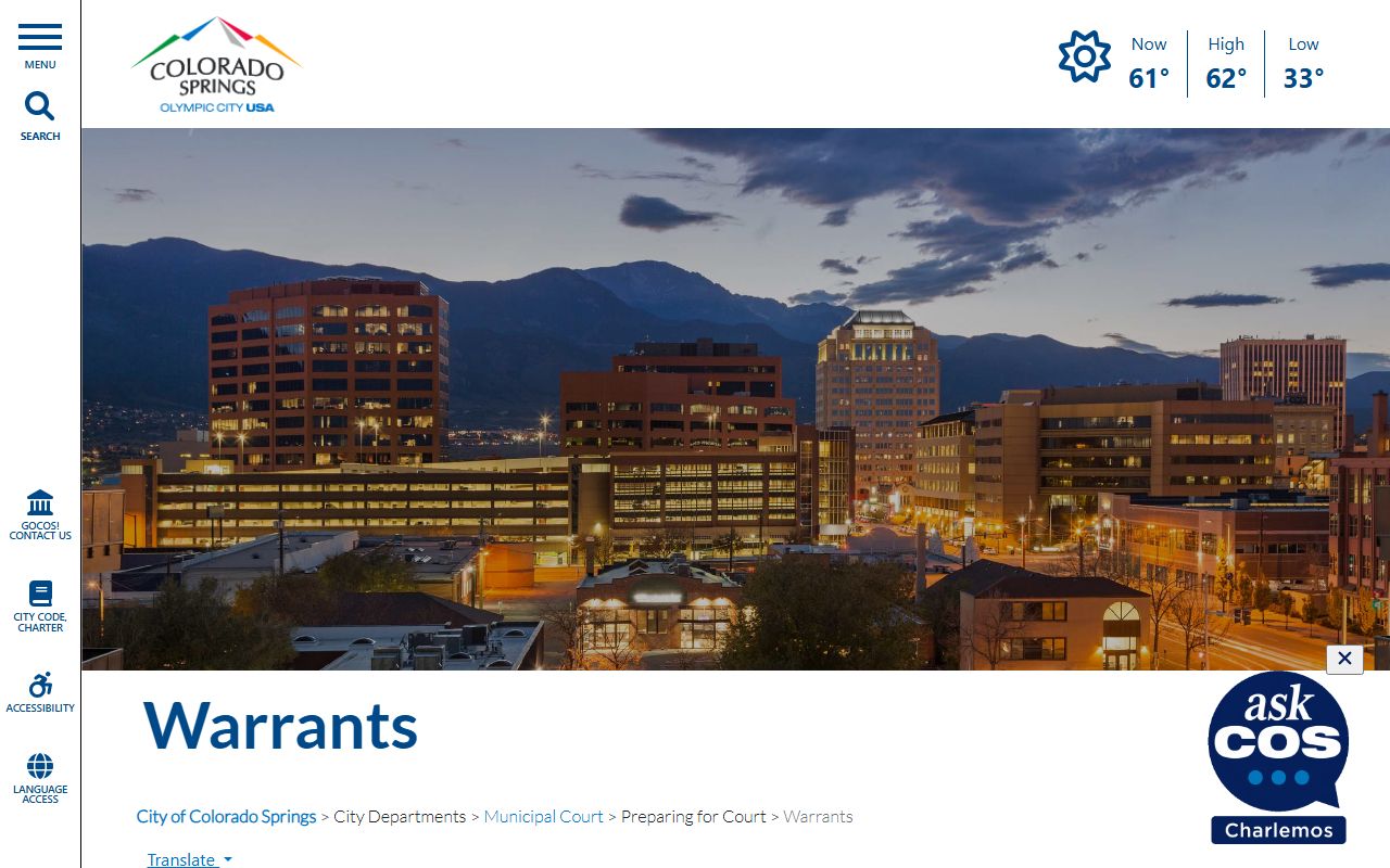 Colorado Springs Municipal Court warrant information page