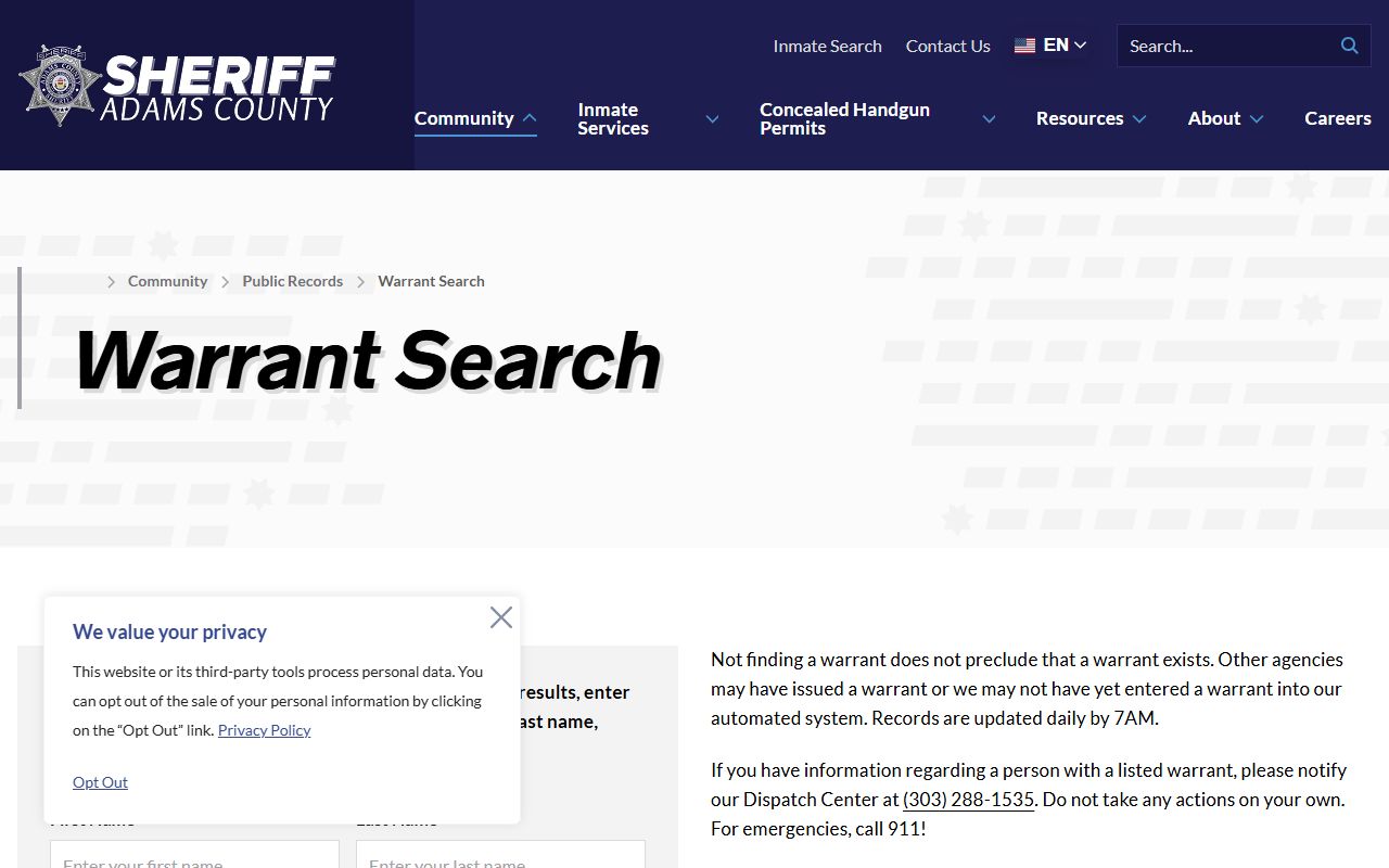 Adams County Sheriff's Office online warrant search tool