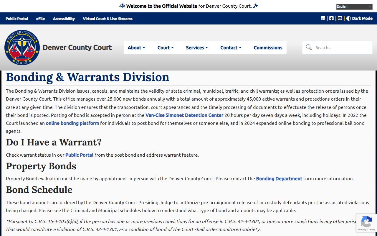 Denver County Bonding and Warrants Division information