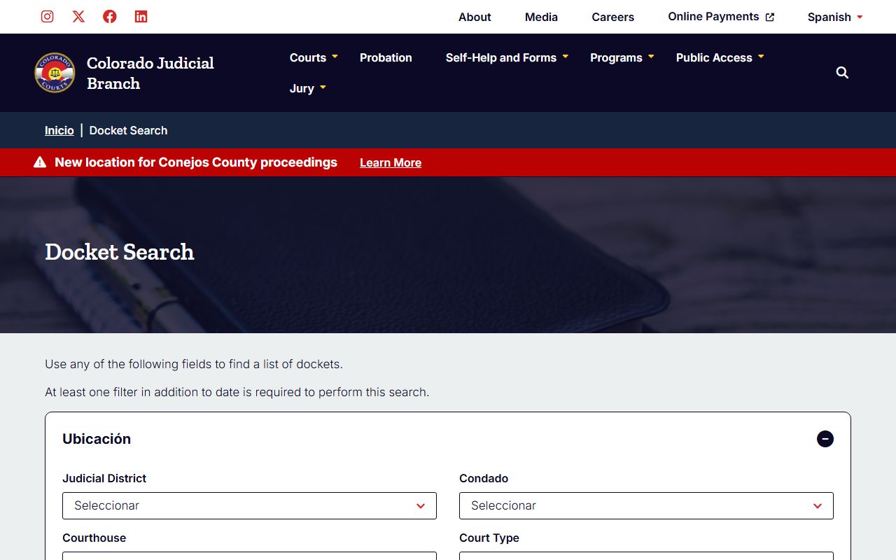 Colorado Judicial Branch docket search tool for bench warrant lookups