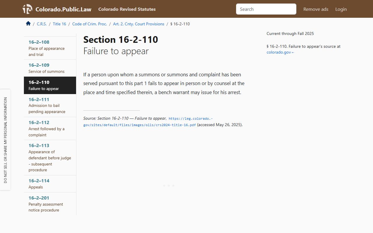 Colorado Revised Statutes on failure to appear and bench warrant issuance
